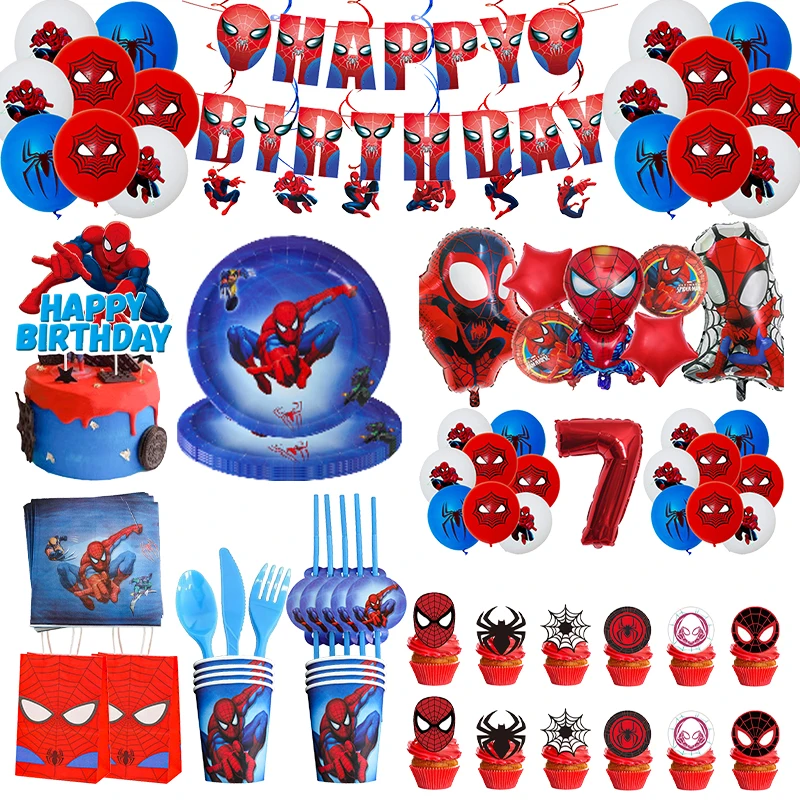 Spiderman Themed Birthday Party Supplies Disposable Meal Cup Tablecloth Children's Birthday Party Aluminum Balloon Decoration