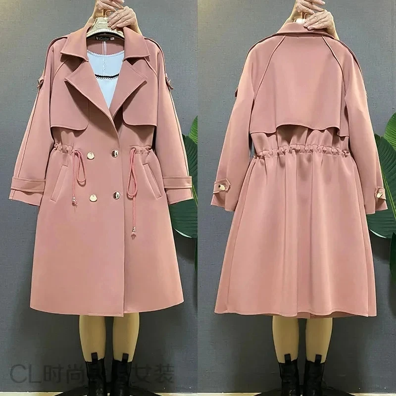 

2024 Spring Autumn Women's Mid length Korean High-end Trench Coat Female Double Breasted Buckle Drawstring Windbreaker Outwear