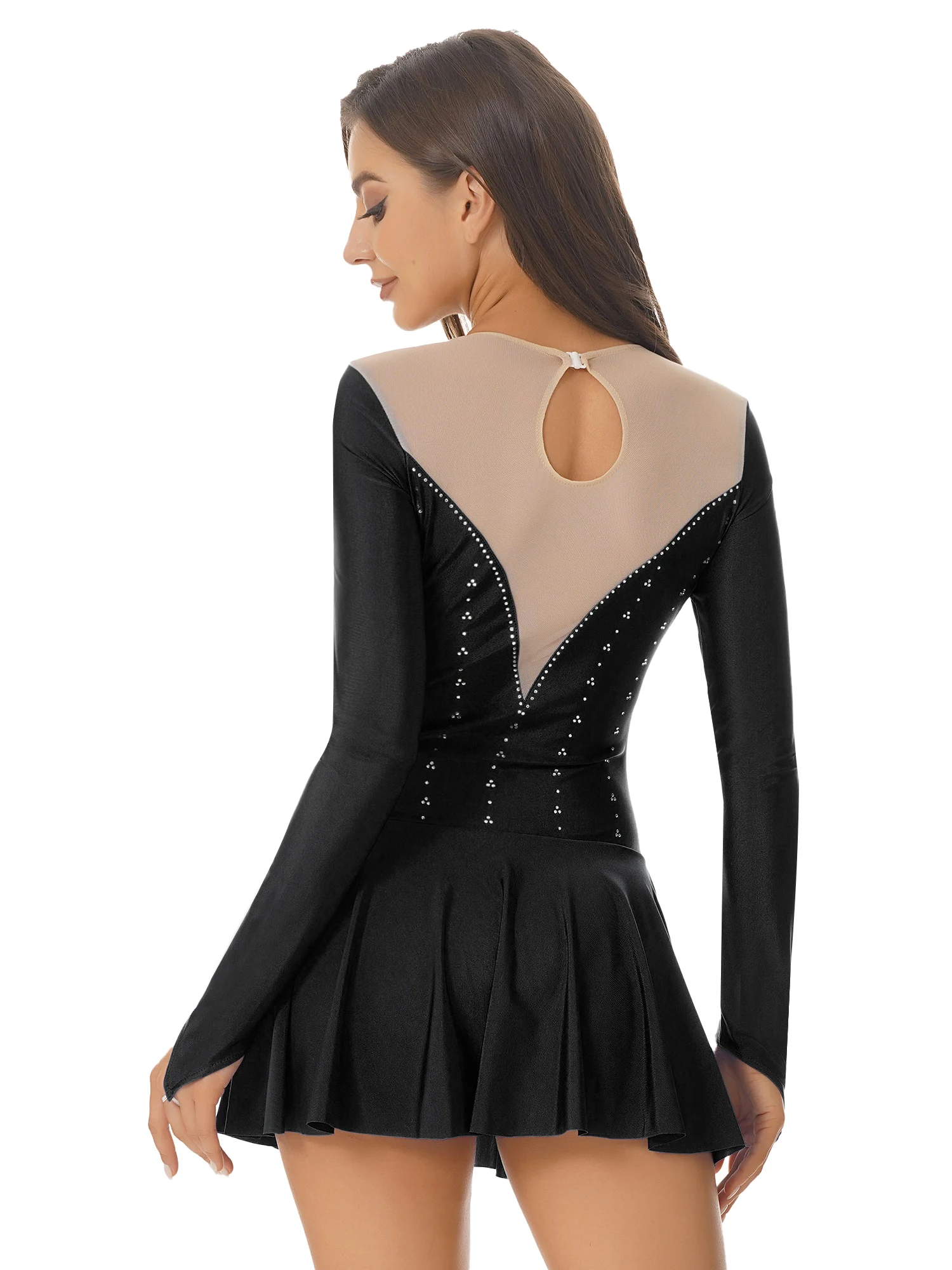 S-XL Womens Sheer Mesh Patchwork Glitter Rhinestone Dance Dress Figure Skating Costume Round Neck Long Sleeve Dresses