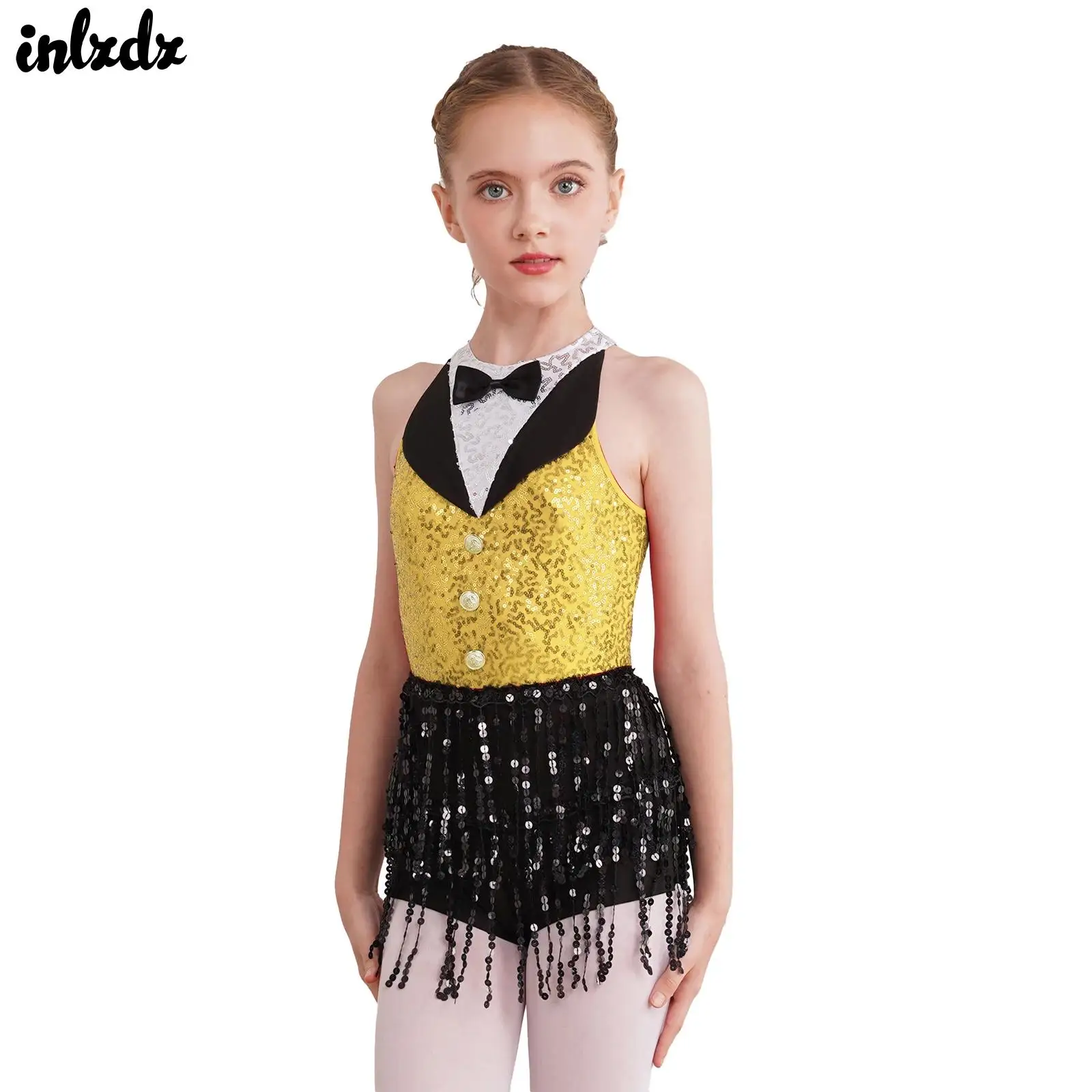 

Детская гимнастическая художественная одежда для катания на коньках, джаз, балета, танцевальная одежда, блестящее трико с блестками, смокинг с кисточками, платье с бахромой