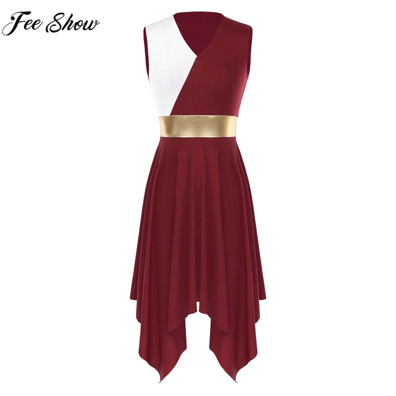 

Womens Sleeveless Color Block Irregular Hem Dress Lyrical Ballroom Waltz Dance Prom Party Stage Performance Costume Dancewear
