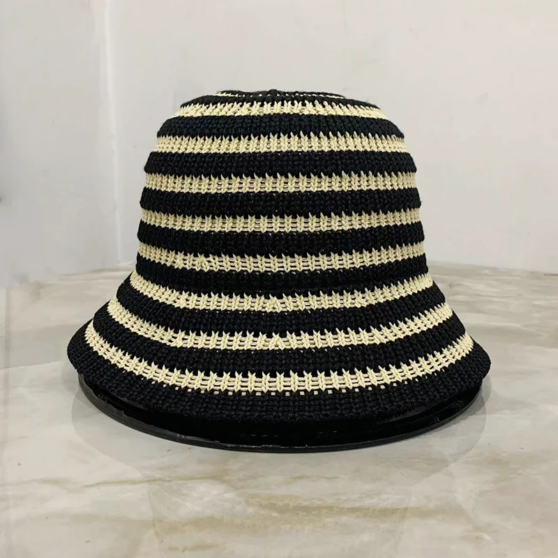 Women Bucket Hat Striped Hollow Bucket Hats For Women Spring Summer Sun Hat Female Crochet Fishermen Cap Outdoor Travel Basin Caps Panama Women Hat Bucket Hat