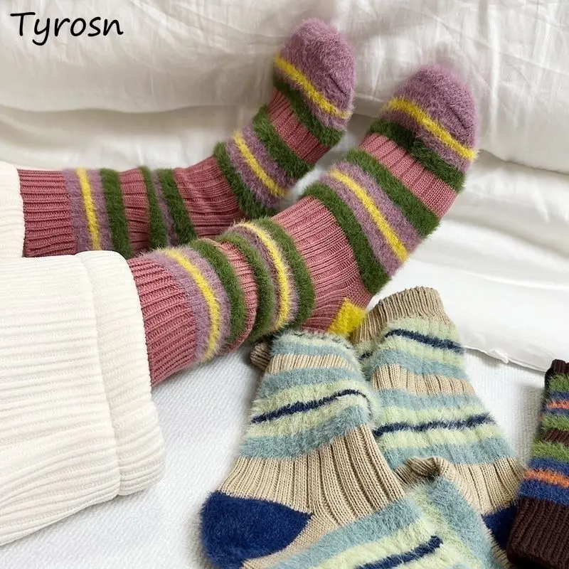 

Socks Women Colorful Striped Middle Tube Korean Style Thick Panelled Casual Sweet Girls Warm All-match Simple Winter Fashion