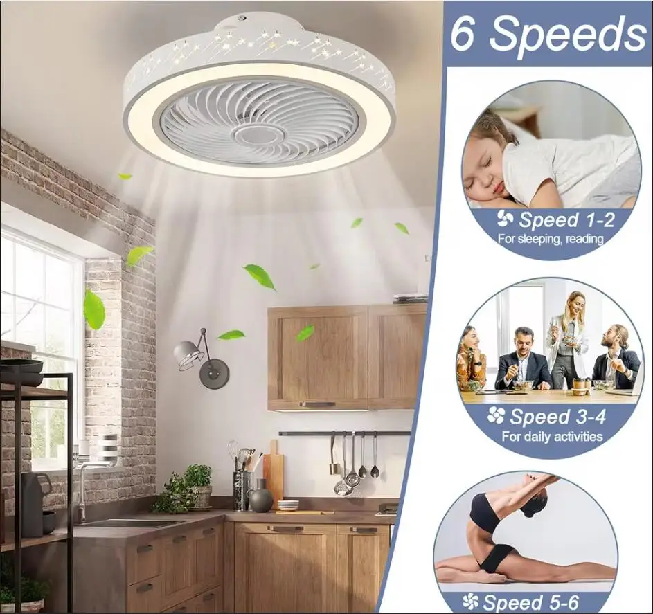 46CM Smart App Ceiling Fan with Light Remote Control LED Dimmable 6 Speeds Timer Flush Mount Enclose Design Ceiling Fans Lamp