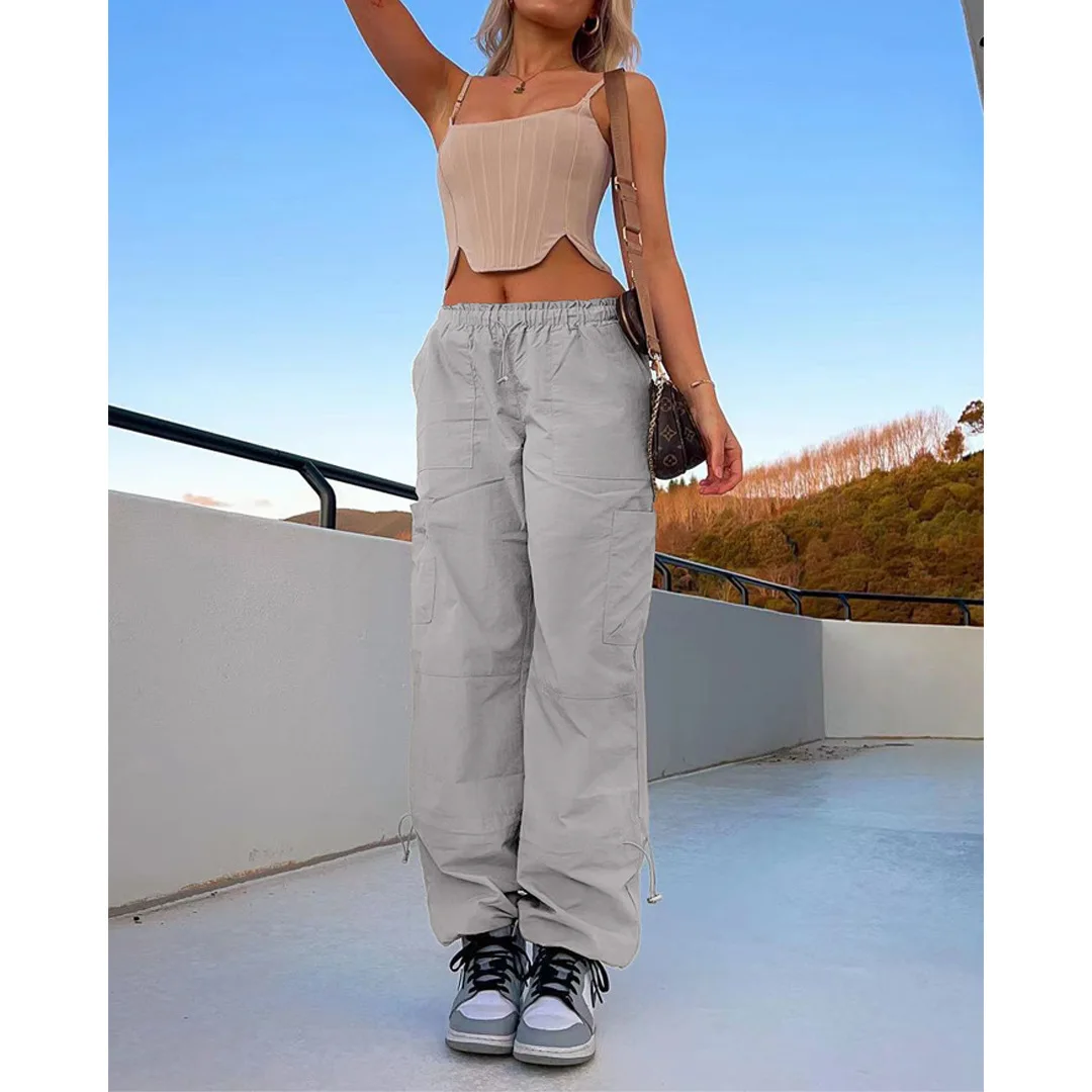 Pockets Cargo Pants Drawstring Women Baggy Pants Streetwear Harajuku Vintage Casual Loose Straight Trousers Wide Leg Sweatpants