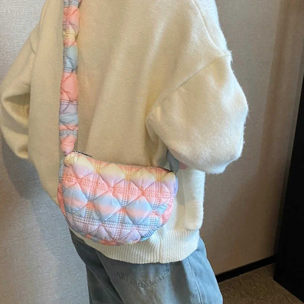 Gradient Pink PU Leather Crossbody Bags Women Fashion Versatile Cloud Shoulder Bag Female Casual Bubble Pleated Down Handbags