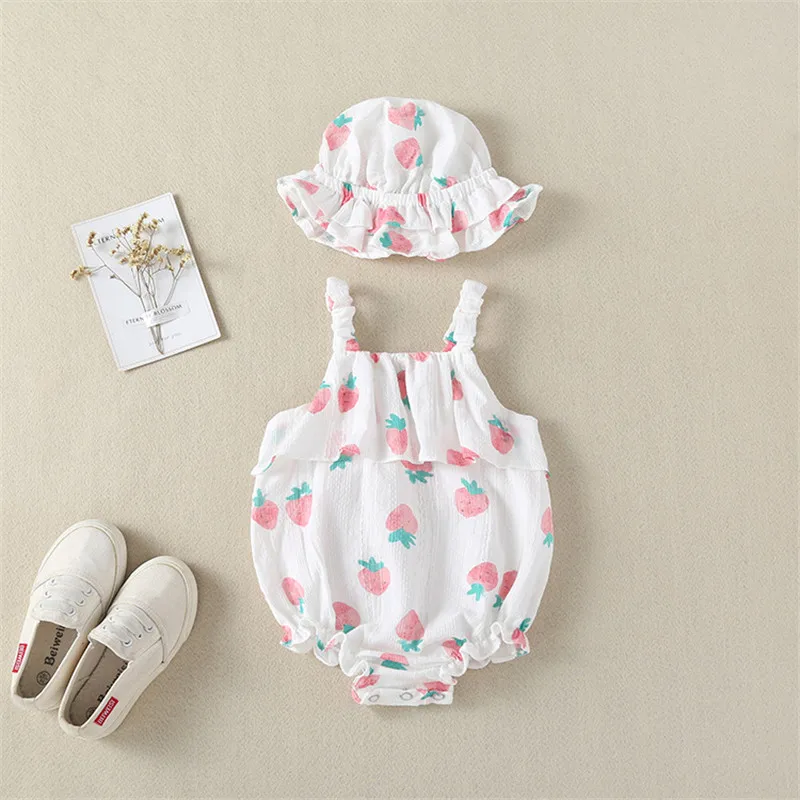 여름 여아 롬퍼 세트 면 과일 프린트 점프수트 아동복 세트 (3, 6, 9, 12, 18, 24개월)