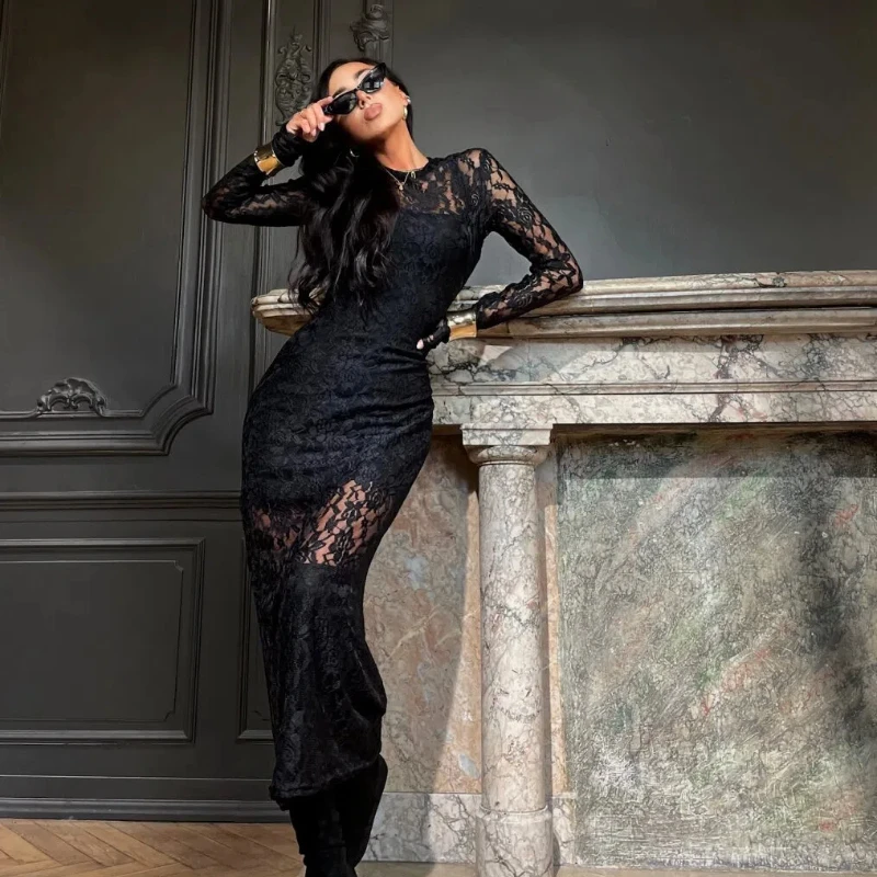 New Slim Fit Round Neck Hollow Out Long Skirt Sexy and Slim Transparent Lace Temperament Hip Hugging Long Skirt 192