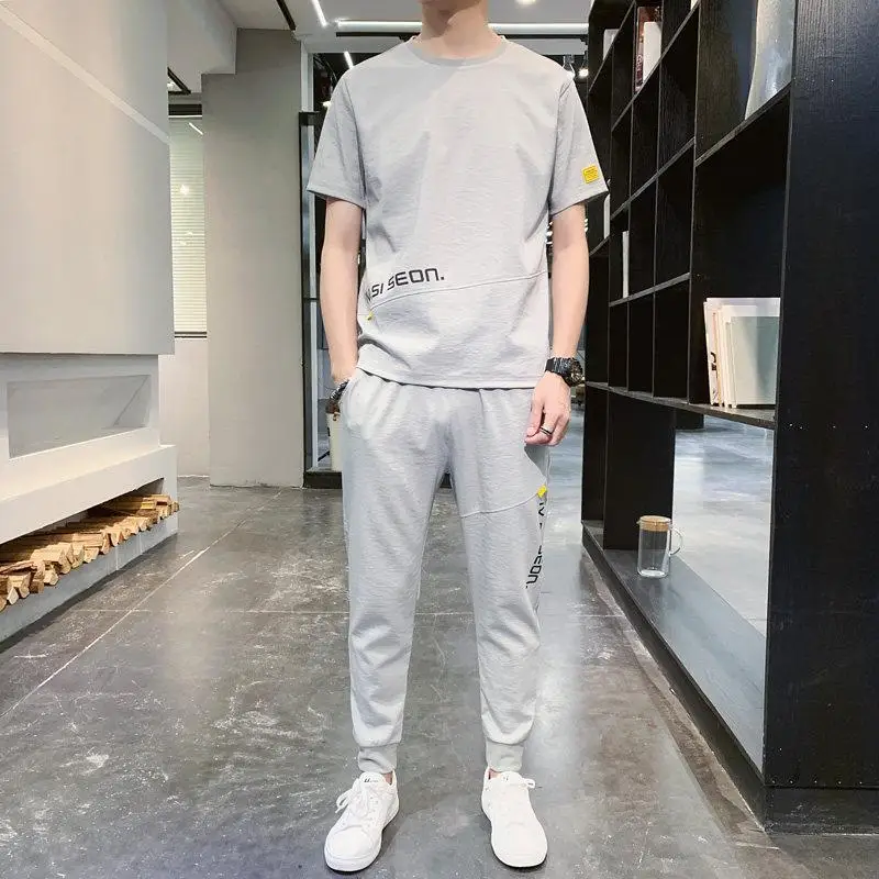 아이스 실크 퀵 드라이 스포츠 세트 남성 여름 반팔 티셔츠 긴 바지 패셔너블 트..