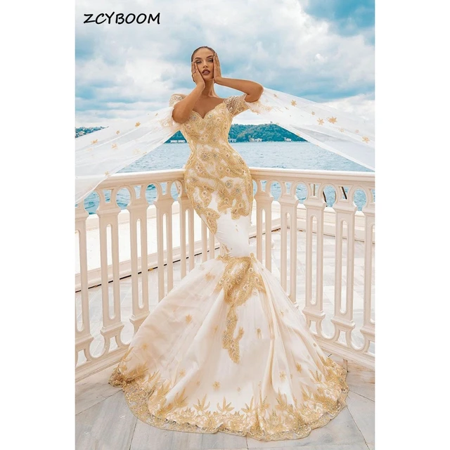 Luxury v neck appliques crystal wedding dresses mermaid floor length sweep train off the shoulder