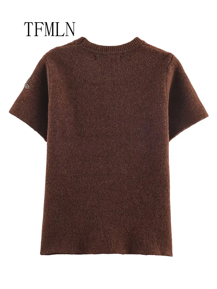 2026 New Women Beading Short Sleeved Knitted Sweater Sweet Girls O-neck Soft Chic Causal Pullover Top Retro Street Knitwear