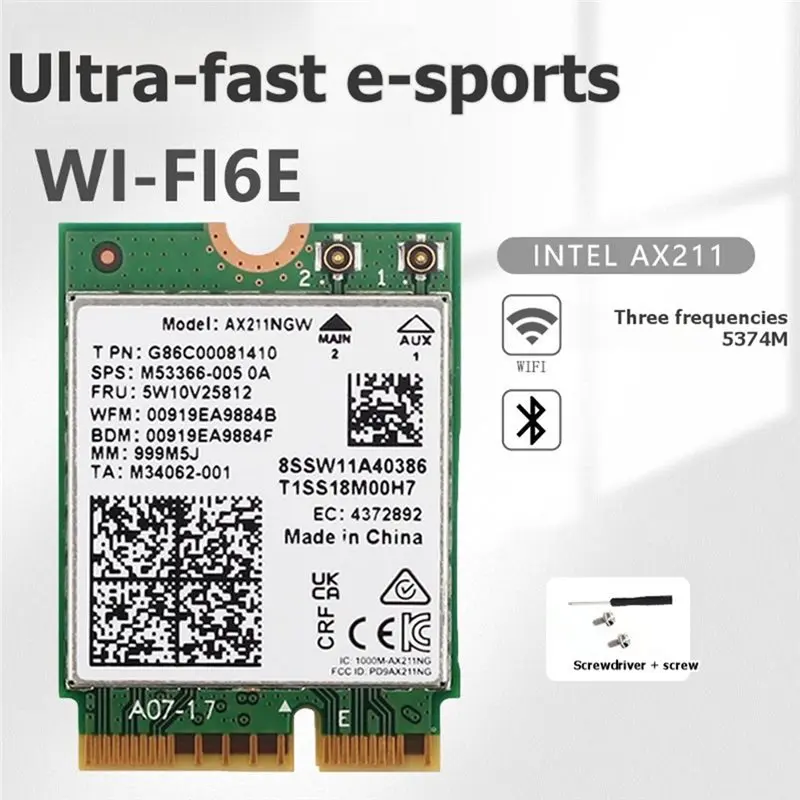 새로운AX211NGW Wifi 6E 카드 5374Mbps 트라이 밴드 2.4Ghz/5Ghz/6Ghz Wifi 카드(10DB 안테나 포함) BT5.3 무선 네트워크 카드 어댑터