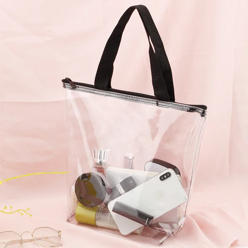 Clear PVC Transparent Tote Bag For Women Large Capacity With Zipper Handles Portable Stationery Storage Bag Shopping Handbag