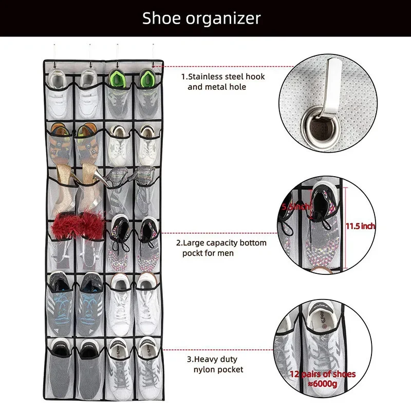 Wall Mount Door Hanging Shoe Organizer 24 Pocket Storage Rack for Sundries
