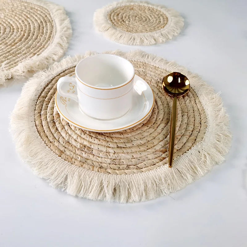 Ronde placemats set van 4, Boho tafelmatten, geweven, wasbaar, hittebestendig, keuken, dineren, huis, boerderijdecoratie