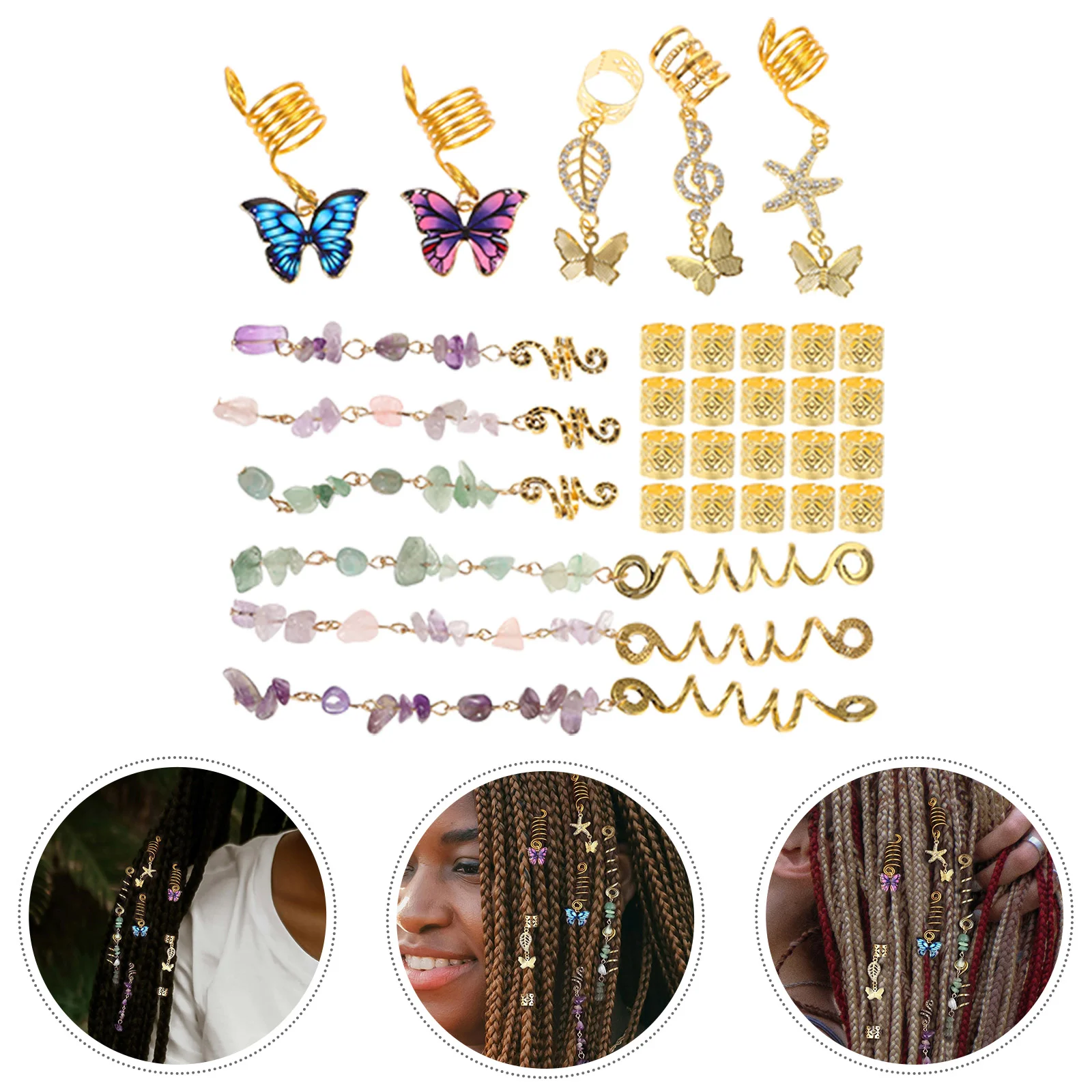 

Hair Jewelry Women Braids 31Pcsdreadlocks Gem Crystal Charms Braid Rings Metal Coils Rings Butterfly Hair Pendants Clips
