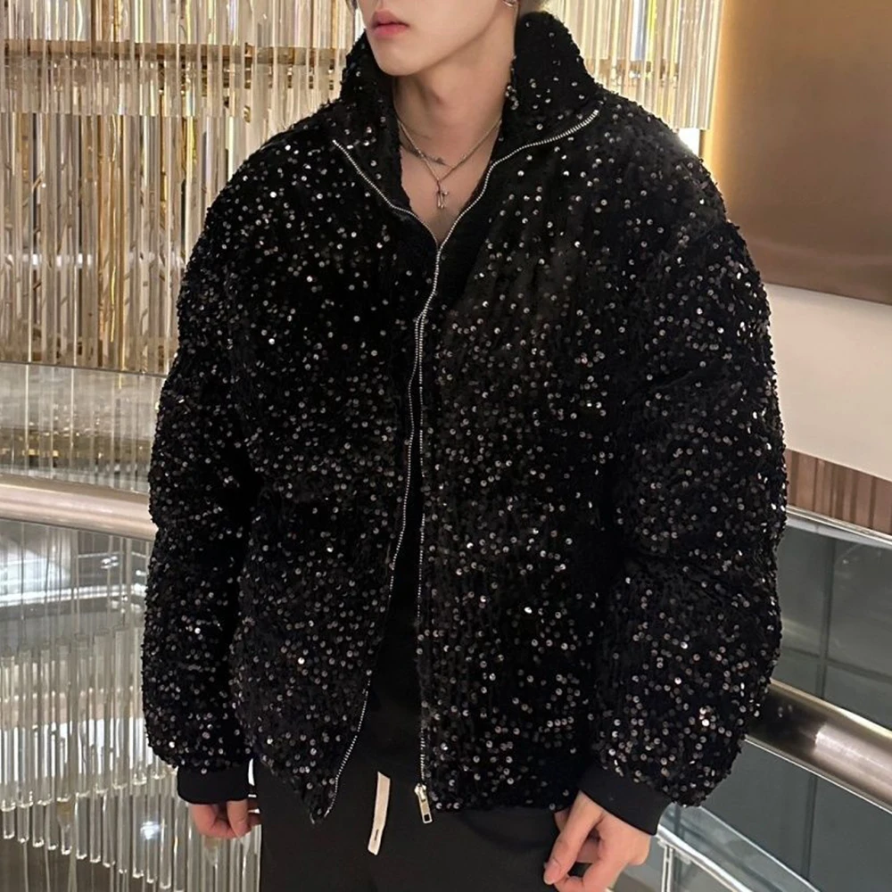 Mens sequin casual jacket genderless 2024 new autumn winter fashion personality street trend youth thickened jacket unisex