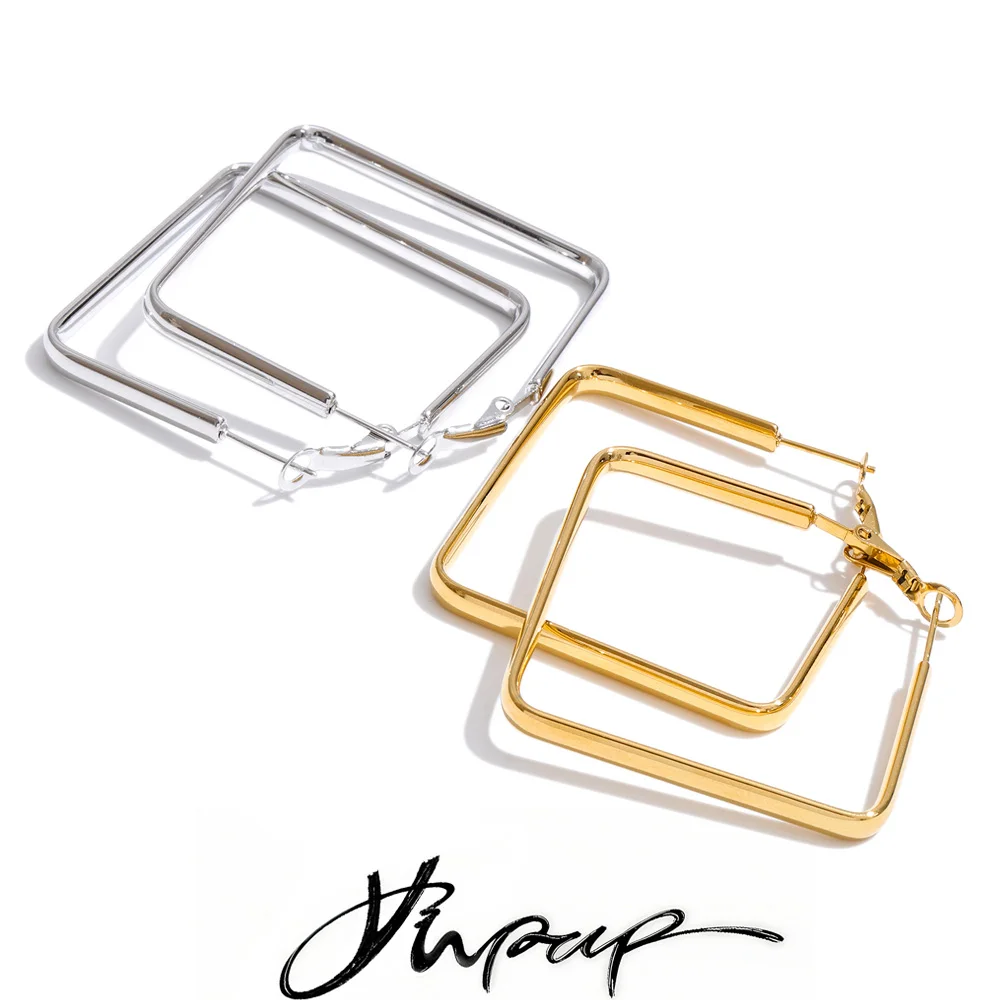 Yhpup Earrings Stainless Steel Square Hollow Hoop