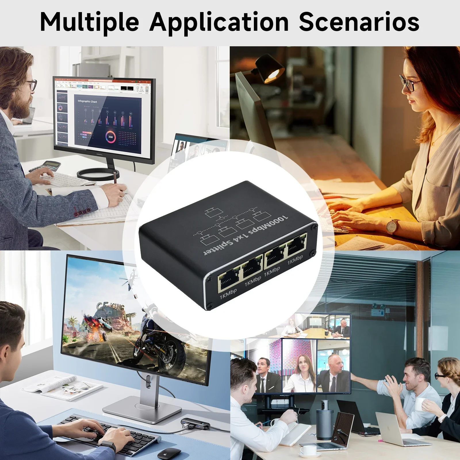 기가비트 이더넷 스위치 RJ45 스플리터 1000Mbps LAN 네트워크 확장기 1-2 4포트 RJ45 커넥터 (PC, 노트북, TV 박스, 라우터, 허브용)