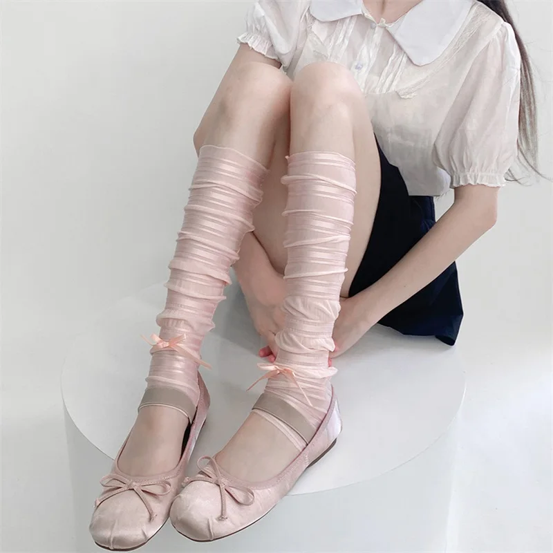 

Sweet Kawaii Ballet Stockings 2023 New Cute Bow Mesh Sheer Mid-calf Socks Women Lolita Fairycore Grunge Knee Socks