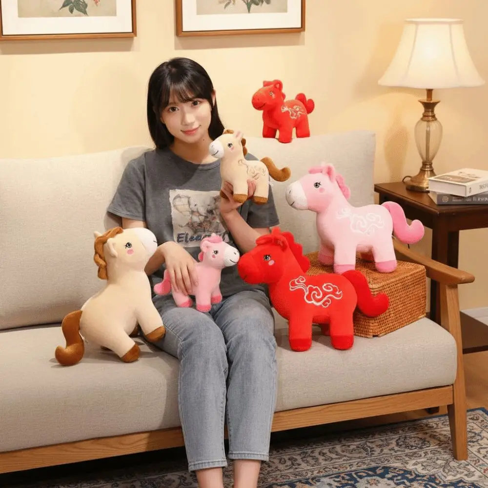 2026 Horse Year Zodiac Horse Figurine Soft Stuffed Letter Print Horse Stuffed Animal Realistic Decorative Plush Horse Doll