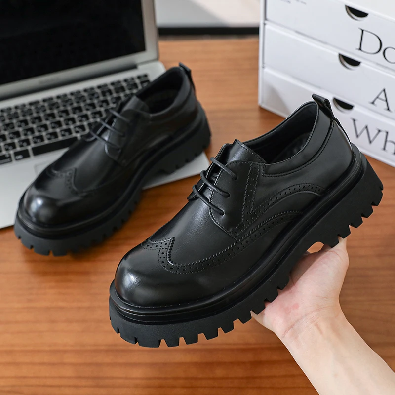 British Style Men's Block Shoes Thick Soled Durable for Office Interviews Formal Shoes Retro Brown Men's Shiny Leather Shoes3846