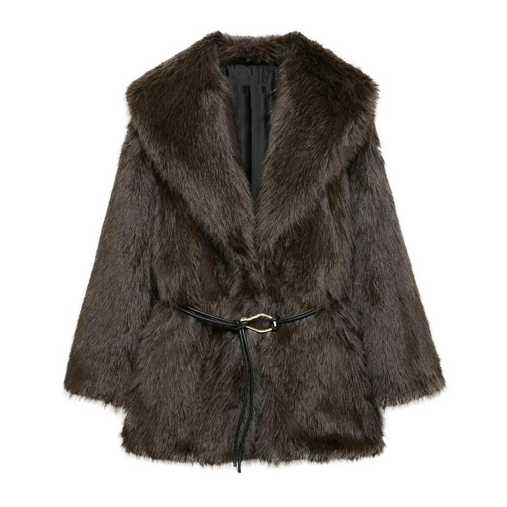 Zach Ailsa Women's Belt Decoration Collar Solid Color Medium Long Coat Autumn/Winter New Long Sleeve Loose Coat 4