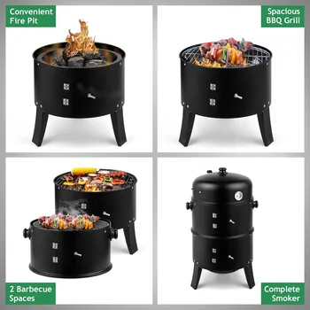 16 Inch Charcoal BBQ Smoker Grill,3-in-1 Portable Vertical Grill Cooker with Built-in Thermometers & Adjustable Vent Systems 2