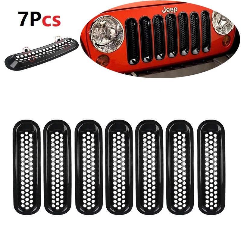 

7pcs Grills ABS Car Front Insert Honeycomb Grille Cover Decoration for Jeep Wrangler JK 2007-2015 Waterproof Insect Proof Mesh