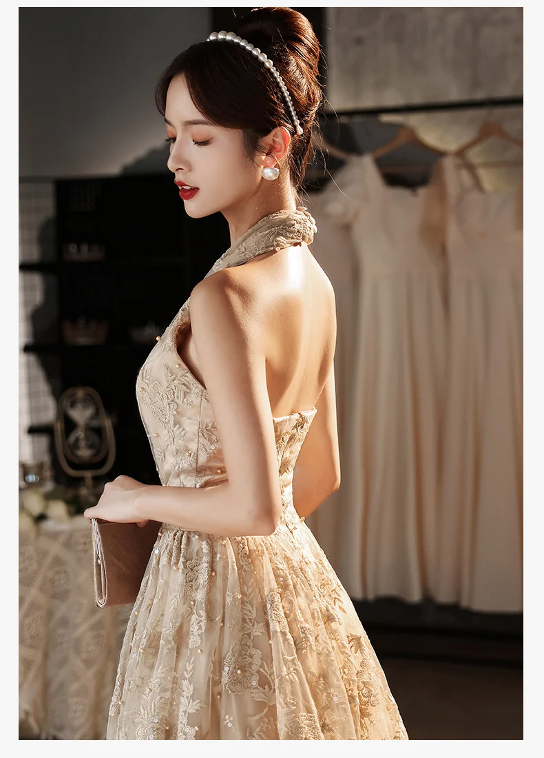 vintage prom dresses Sexy Halter Backless Prom Gowns 2021 V-Neck Sleeveless A-Line Floor-Length Beaded Lace Long Women Elegant Dresses For Gala satin prom dress