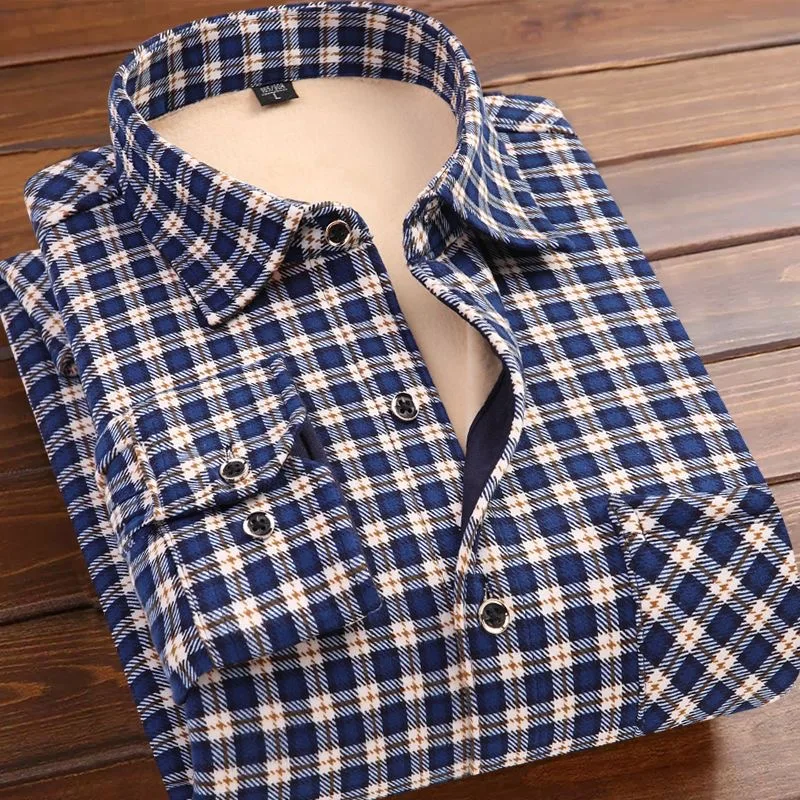 2023 Autumn and Winter New Men\'s Classic Fashion Casual Slim Long-Sleeved Shirt Men\'s Plus Fleece Thickened Warm Plaid Shirt 5XL