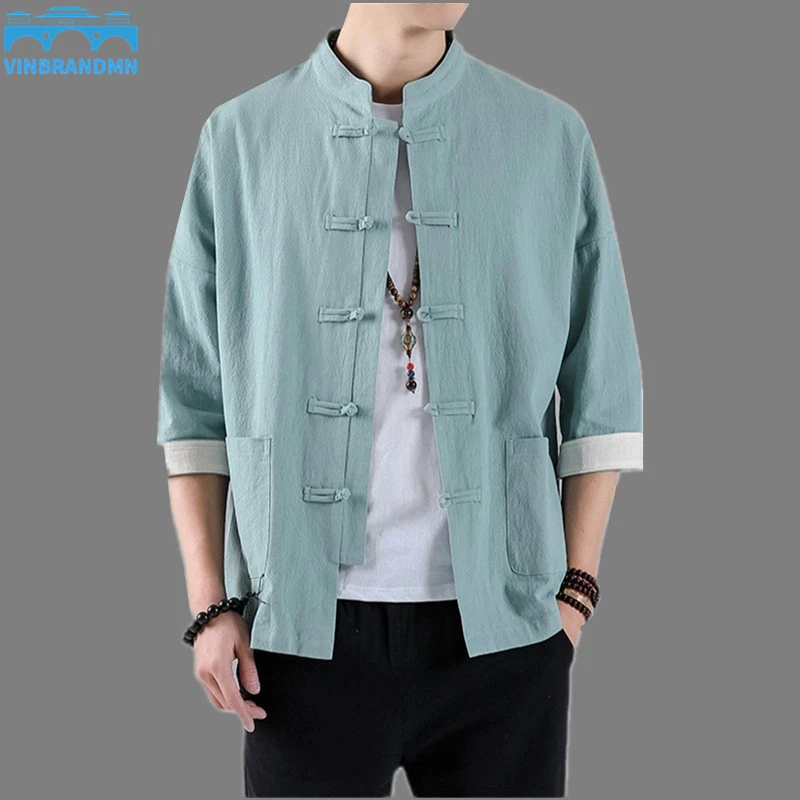 

2022 New Chinese Style Mens Tops Tang Suit Linen Half Sleeve Solid Traditional Kung Fu China Style Hanfu Shirt Plus Size M-5XL