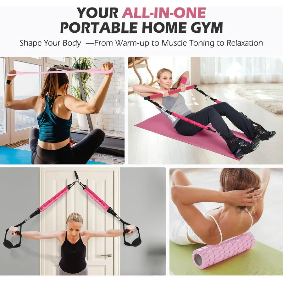 Upgraded Pilates Bar Kit with Resistance Bands Made from Natural Latex for Women Men HeavyDuty Stainless Steel Multifunctional