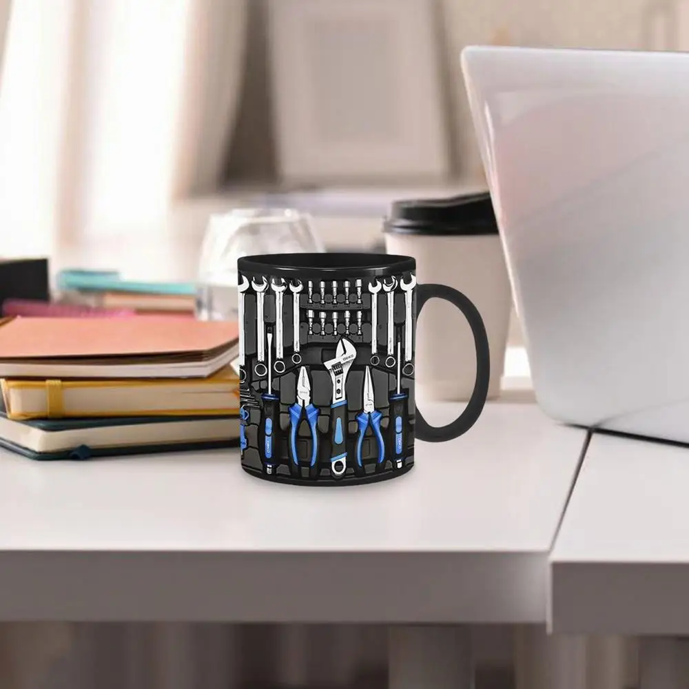 Mechanic Toolbox Mug - Black with Blue handled tools