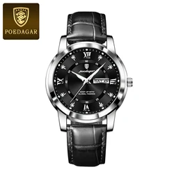 Luxury Waterproof Luminous Leather Sports Quartz Men's Wristwatch (936 Silver Black L)