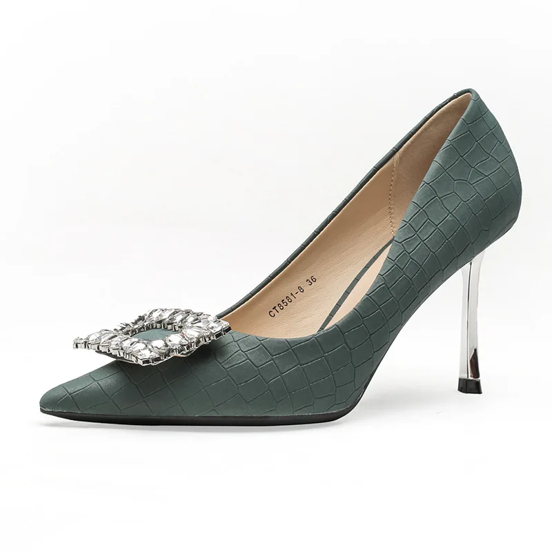 

Fashion Sexy Women Pumps PU 8CM Thin High Heels Pointed Toe Slip-OnSquare Button serpentine Party Wedding Shoes green