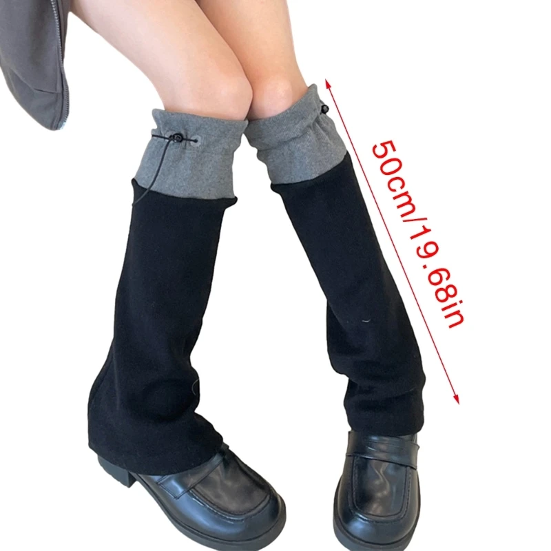 

Japanese Women Sweet Girl Leg Warmer Knit Socks Harajuku Colorblock Drawstring Foot Cover with Adjustable Length