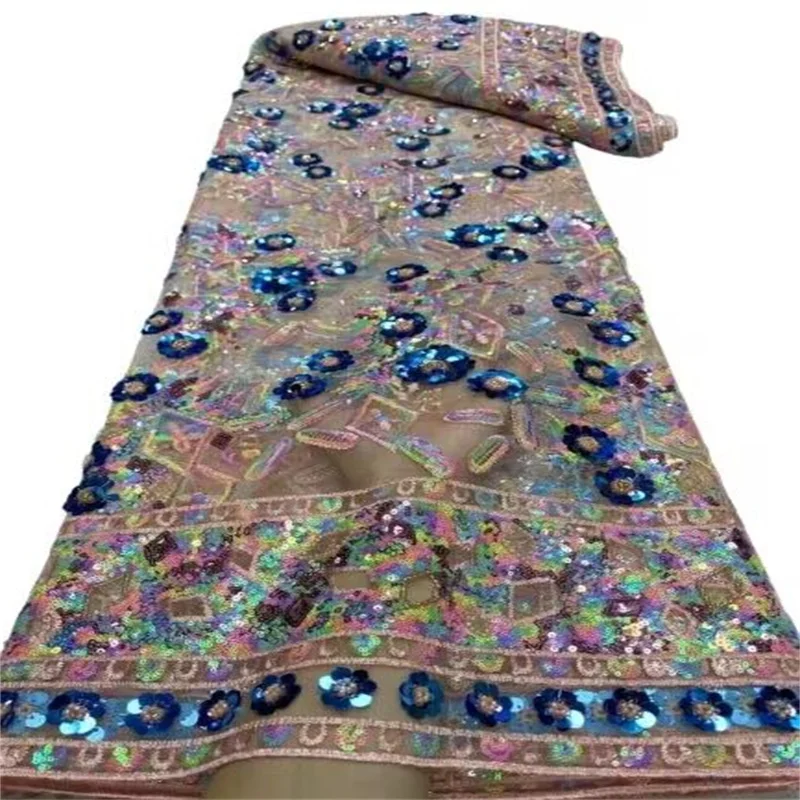 

African Sequins Lace Fabric 5 Yards High Quality French Nigerian Groom Lace Fabric Multicolored For Sewing Dress Wedding Party