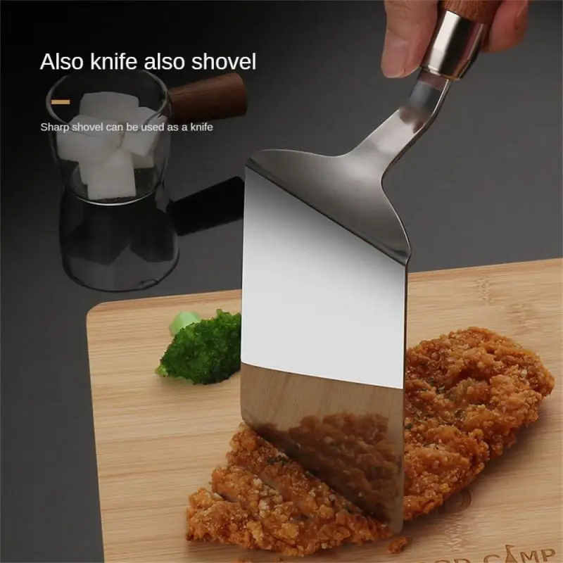 Stainless Steel Square Head Steak Cooking Spatula Wood Handle Pizza Shovel Pancake Beef Turner Scraper BBQ Utensils For Kitchen steak spatula wooden kitchen utensils
