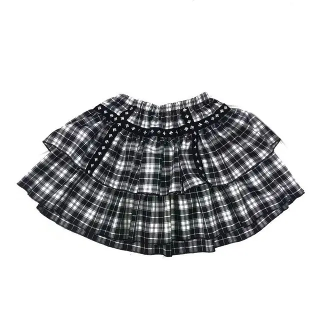 HOUZHOU Gothic Mall Goth Plaid Skirt Women Harajuku Punk Rivet Black Double-layer High-waisted Mini Skirts Dark Academia Grunge black