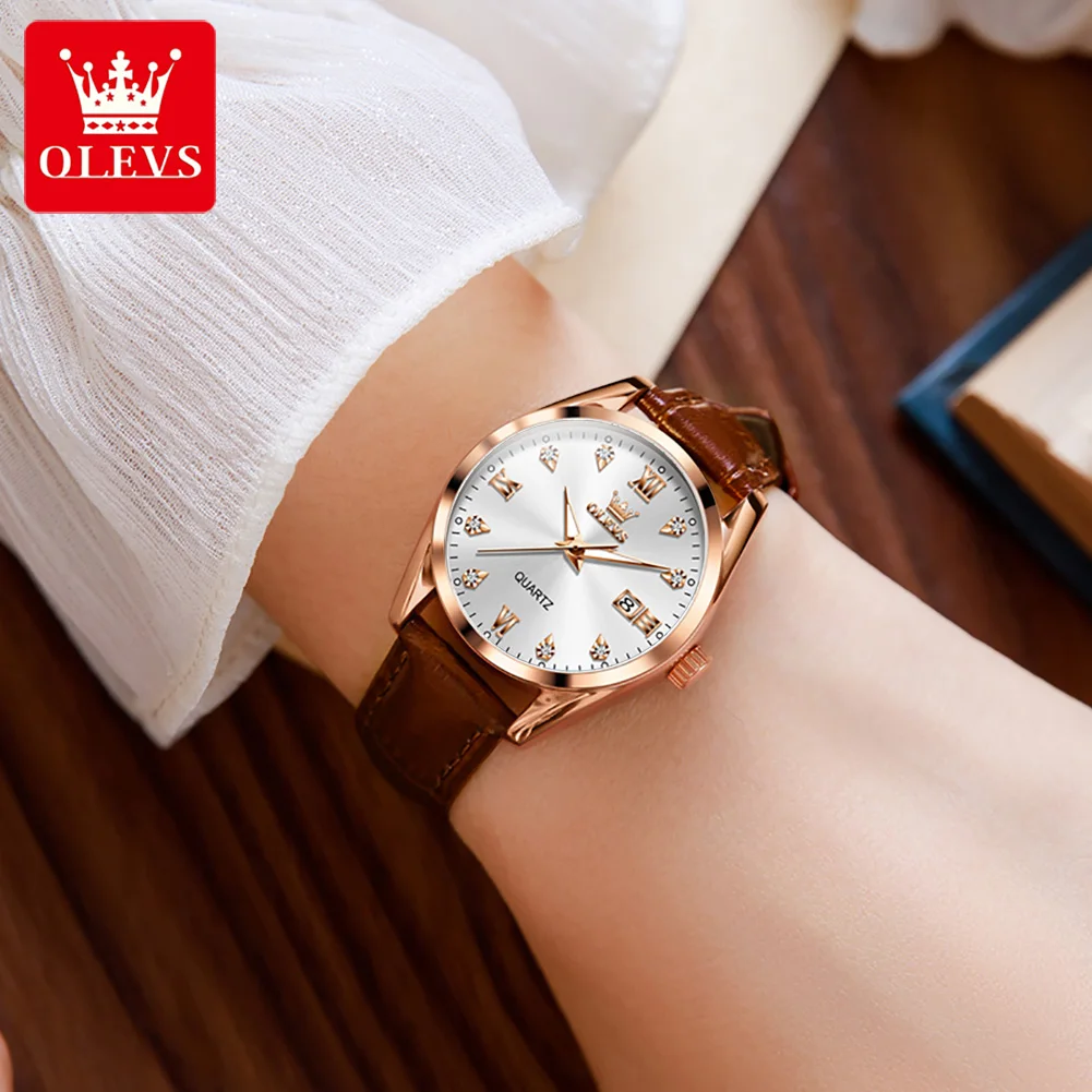 OLEVS Watch for Women Date Calendar Simple Dial Luxury Leather Strap Waterproof Luminous Elegant Women's Wristwatch Reloj Mujer