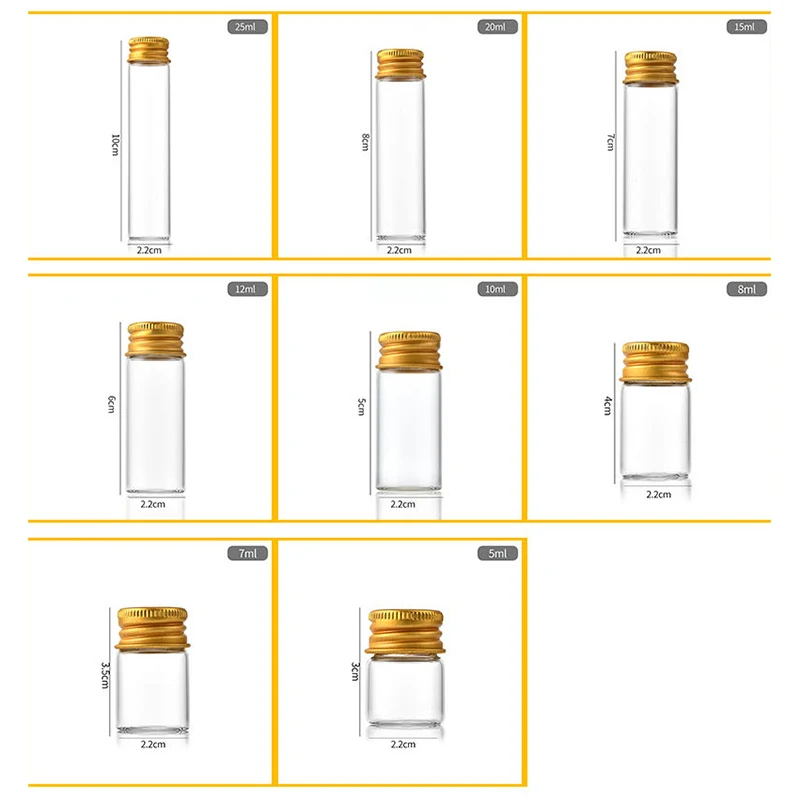 7/15/20/25/30ml Clear Glass Bottle With Aluminium Cap Travel Empty Refillable Bottles Gold Small Test Tube Candy Spices Storage 6