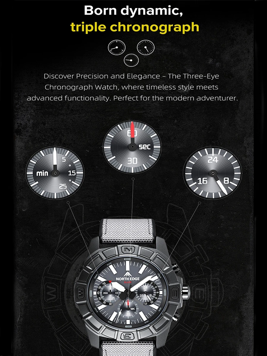 NORTH EDGE 2025 BLAZE Men's Watches Solar Power 316 Stainless Steel Case Quartz Watch For Men Pilot Waterproof 50M Stopwatch_voghion.com