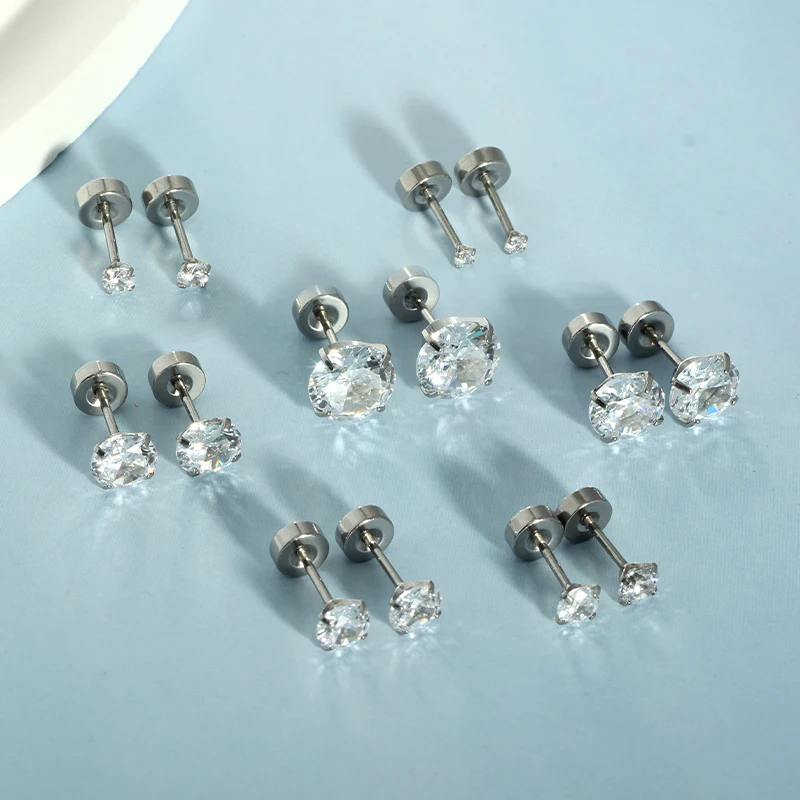 50pcs/lot Stainless Steel Crystal Flat Studs Women Men Bar Screw Back Tragus Round Clear Cubic Zirconia Piercing Earrings Jewelr