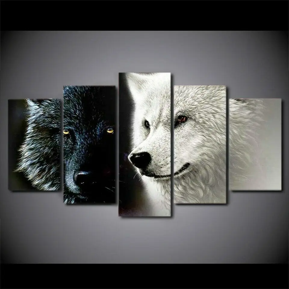 

5Pcs White & Black Wolf Wolves Modern Decor Canvas Wall Art Pictures Paintings Poster HD Print Home Decor No Framed Room Decor