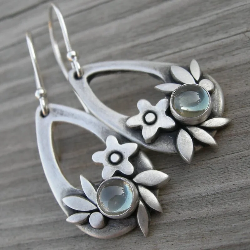 

Fashion Boho Moonstone Water Drop Flower Leaf Earrings for Women Vintage Ethnic Silver Color Long Drop Fine Jewelry Female Gift