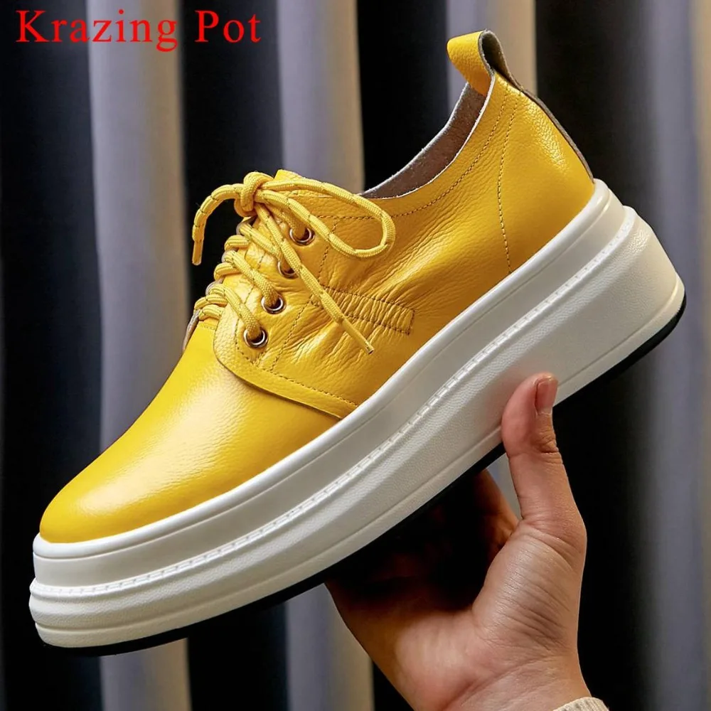 Krazing Pot Soft Natural Leather Round Toe High Bottom Lace Up Sneakers Solid Concise Style Leisure Women Vulcanized Shoes L26