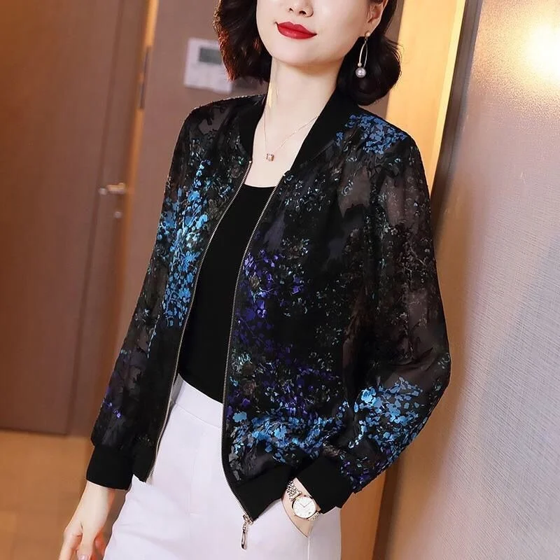 2024 Spring Summer  Long Sleeve Short Chiffon Jacket Thin Cardigan Baseball Coat Sun Protection Shirt Womens M-5XL X68 summer autumn women s jacket loose sun protection clothing baseball uniform short ultra thin breathable top fashion wholesale