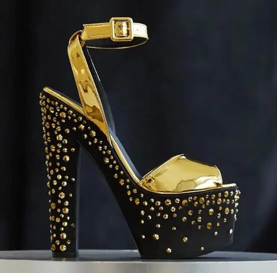 

UVRCOS Super High Platform Chunky Heels Sandals Women Crystal Embellished Ankle Strap Gladiator Shoes Runway Dress Shoes Gold