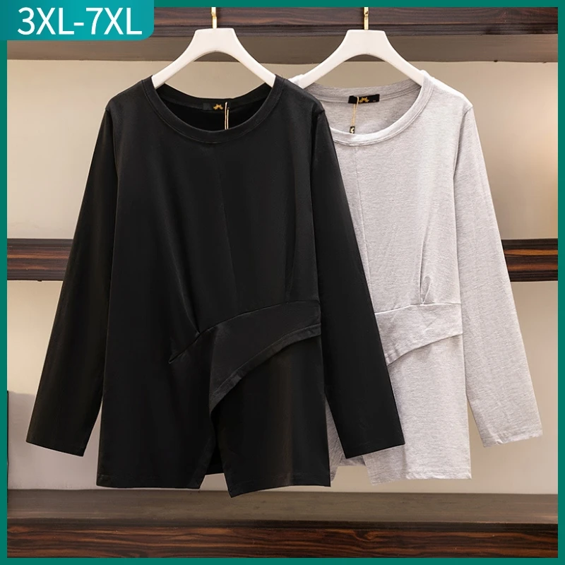 

Женская свободная футболка с длинным рукавом, черная или серая однотонная хлопковая футболка, размеры 3XL, 4XL, 5XL, 6XL, 7XL, весна-осень 2023
